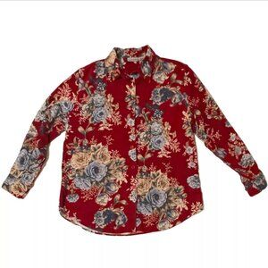 Cabin Creek Women's Medium Red Floral Corduroy Button-Up Shirt Jacket Cotton